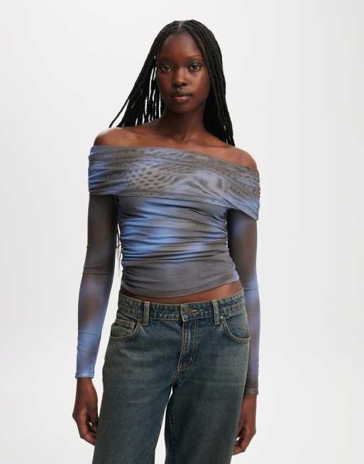 Cotton:On Ashley off shoulder mesh long sleeve top in brown
