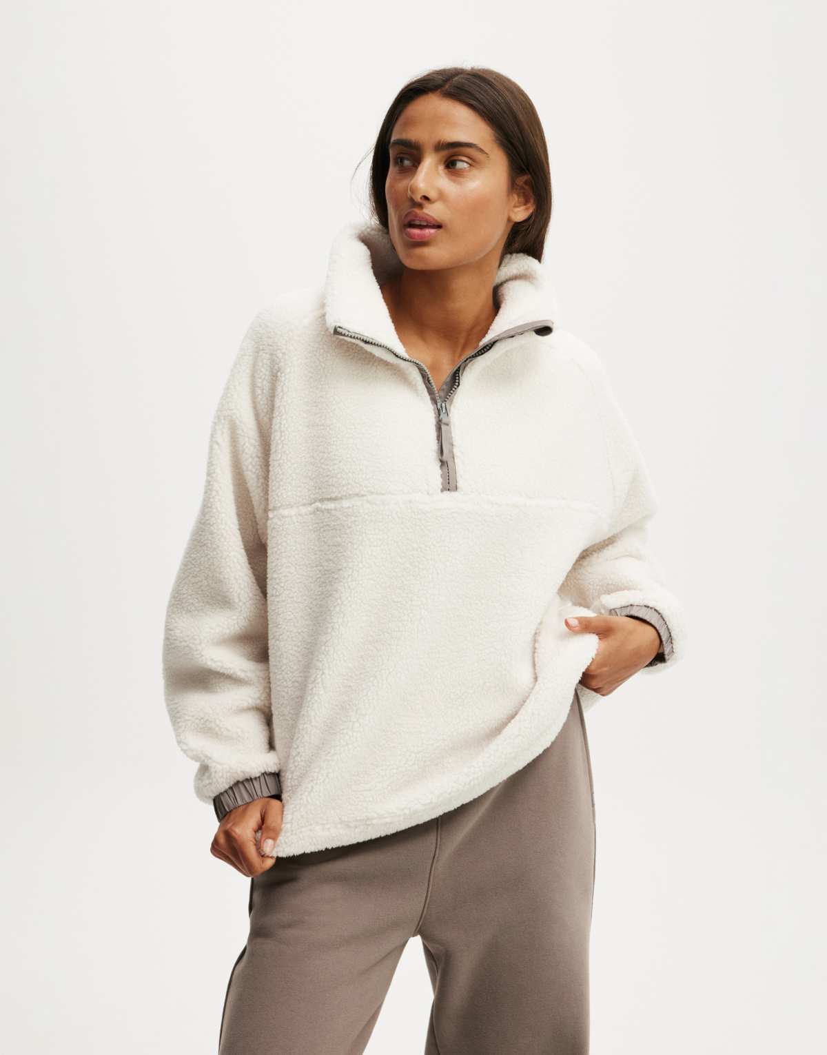 Cotton:On Balance half zip sherpa pullover jacket in beige