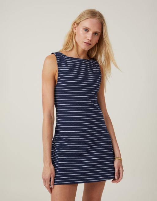 Cotton:On Bella boat neck mini dress in classic stripe navy | ASOS