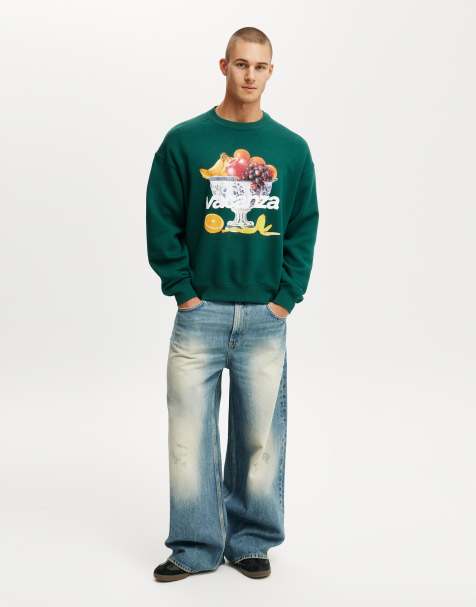 Cotton:On Box fit graphic crew sweater in evergreen / prodizione locale - view 1