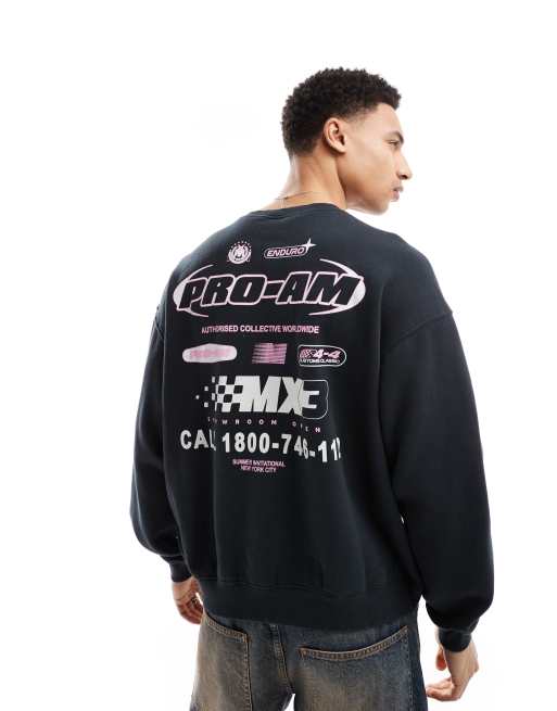 Cotton:On Box fit graphic crew sweater in washed black/ pro-am