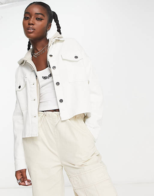 Cotton:On boxy cropped denim cargo shacket in off white | ASOS