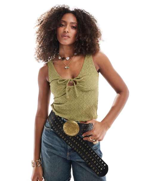 Cotton:On Briony keyhole tank in khaki - view 1