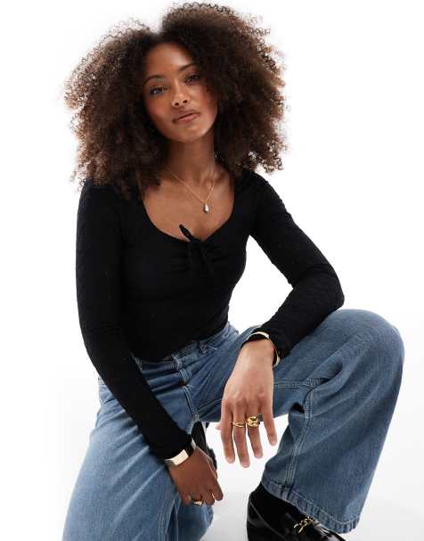 Cotton:On Briony tie front long sleeve top in black - view 1