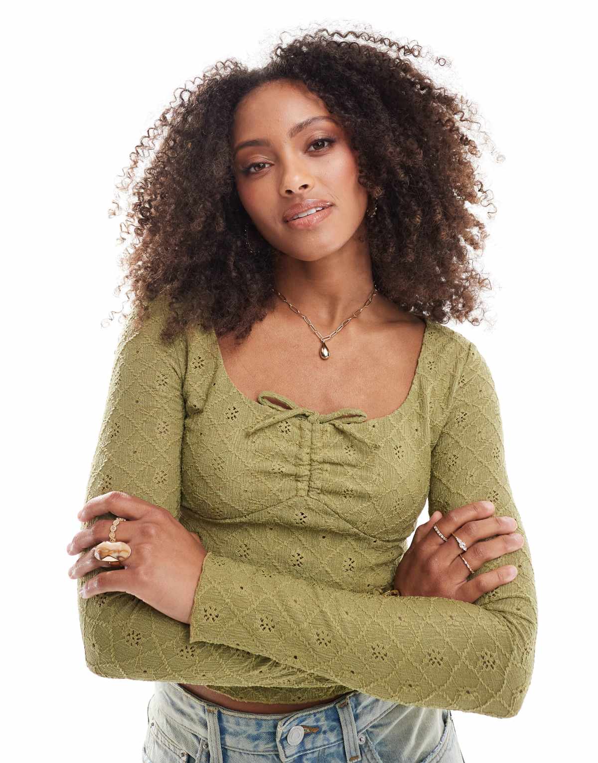 Cotton:On Briony tie front long sleeve top in khaki