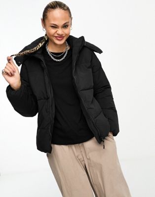 Cotton On button up mother puffer jacket with removable hood in black