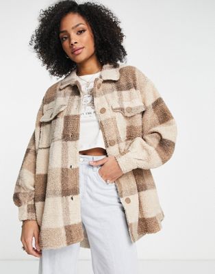 Cotton:On cabin teddy shacket in taupe check