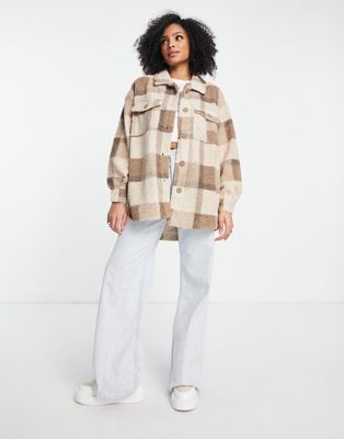 Femme Cotton:On - Cabin - Veste chemise duveteuse - Carreaux taupe