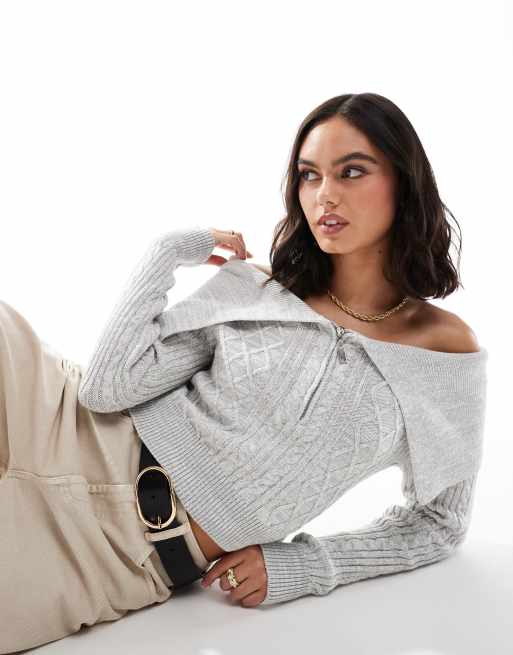 Cotton:On Cable zip off shoulder knit in grey