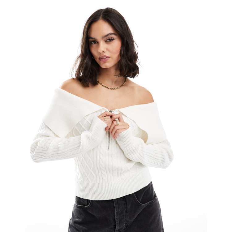 Cotton:On Cable zip off shoulder knit in white | ASOS