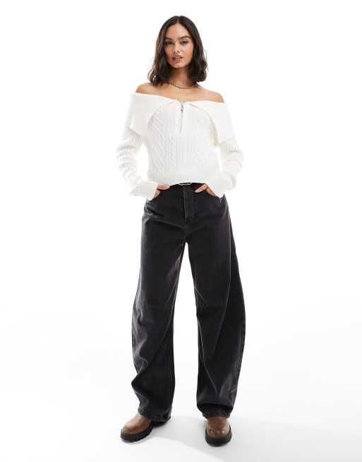 Cotton:On Cable zip off shoulder knit in white | ASOS