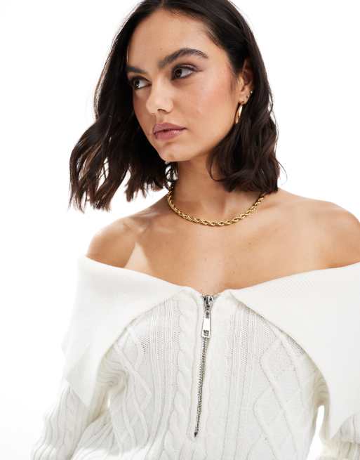 Cotton:On Cable zip off shoulder knit in white | ASOS