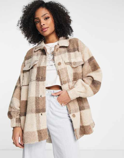 Cotton:On - Camicia giacca color tortora a quadri effetto peluche