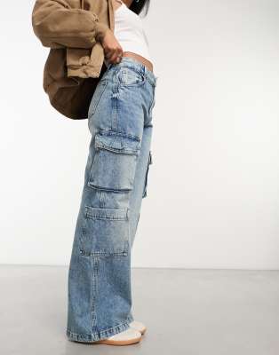 Cotton:on Cargo Wide Leg Jeans In Vintage Wash Blue