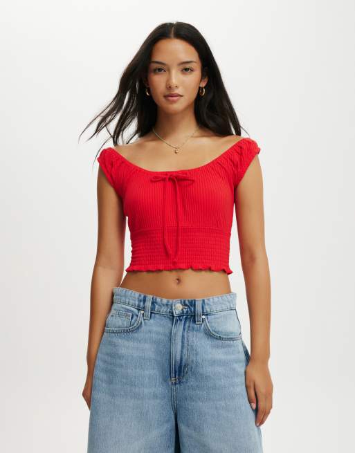 Cotton:On Chloe shirred short sleeve top in red