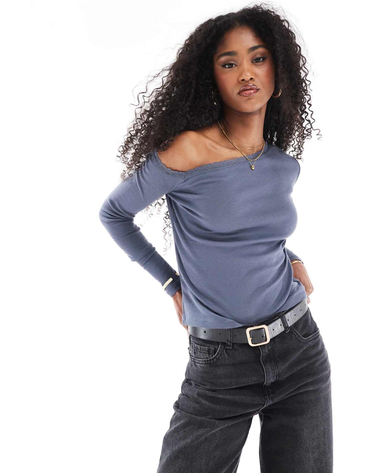 Cotton:On Clare lace trim off the shoulder long sleeve in blue