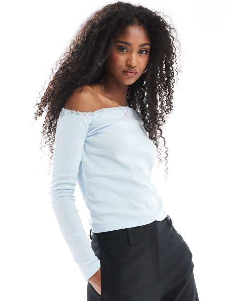 Cotton:On Clare lace trim off the shoulder long sleeve in blue - view 1