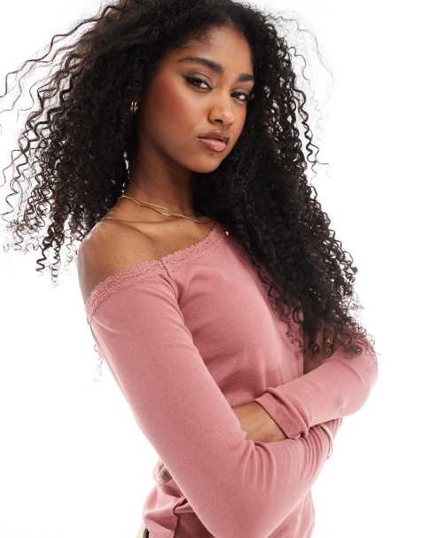 Cotton:On Clare lace trim off the shoulder long sleeve in pink - view 1