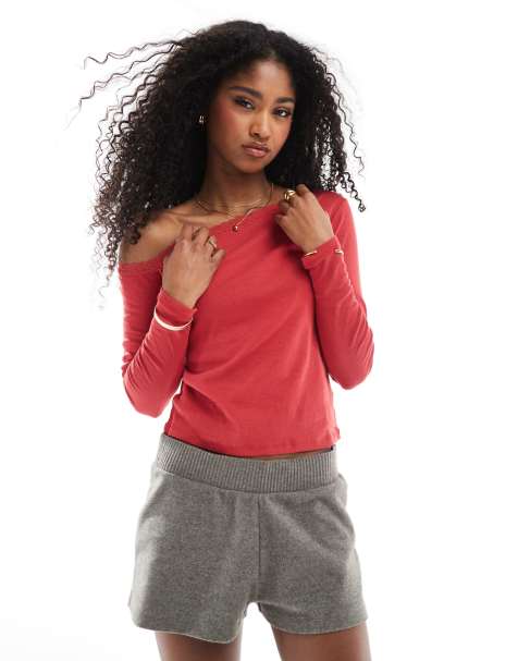 Cotton:On Clare lace trim off the shoulder long sleeve in red - view 1