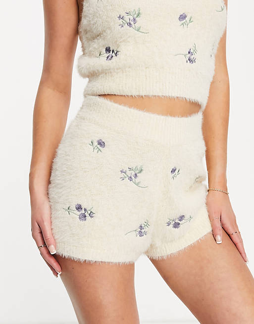 Cotton:On co-ord fluffy lounge shorts in cream floral