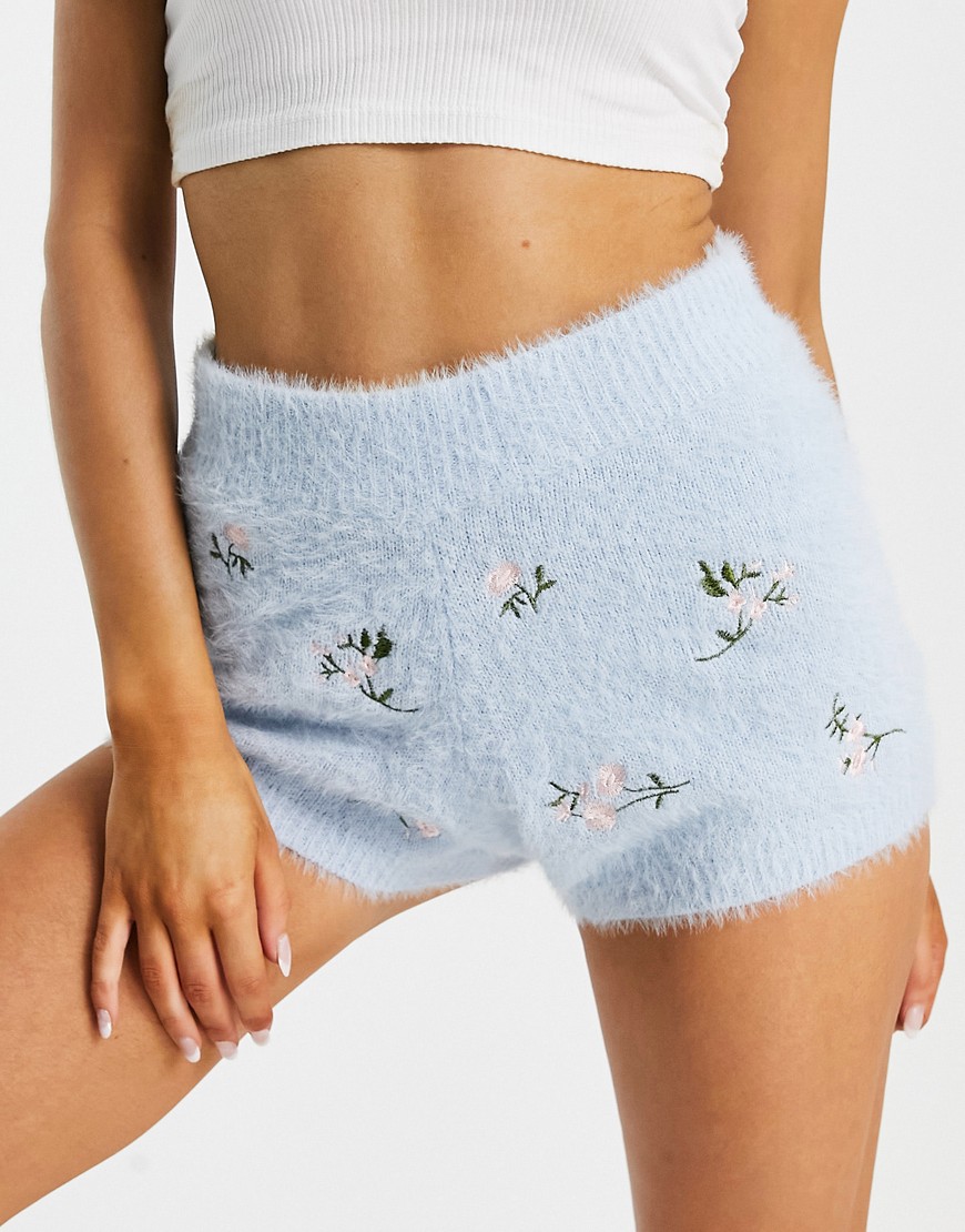 Cotton: On coordinating fluffy lounge shorts in blue floral-Blues