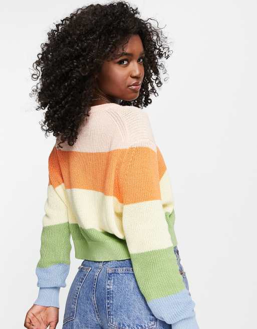 Cotton On cotton cropped jumper in rainbow stripe print ASOS