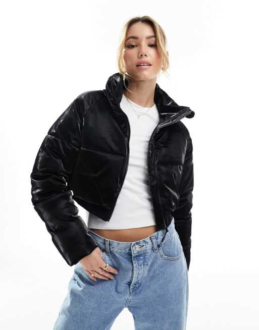 Cotton:On cropped puffer coat in black gloss