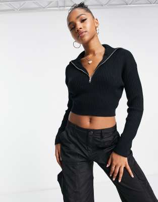 Cotton:On cropped ribbed half zip jumper in black