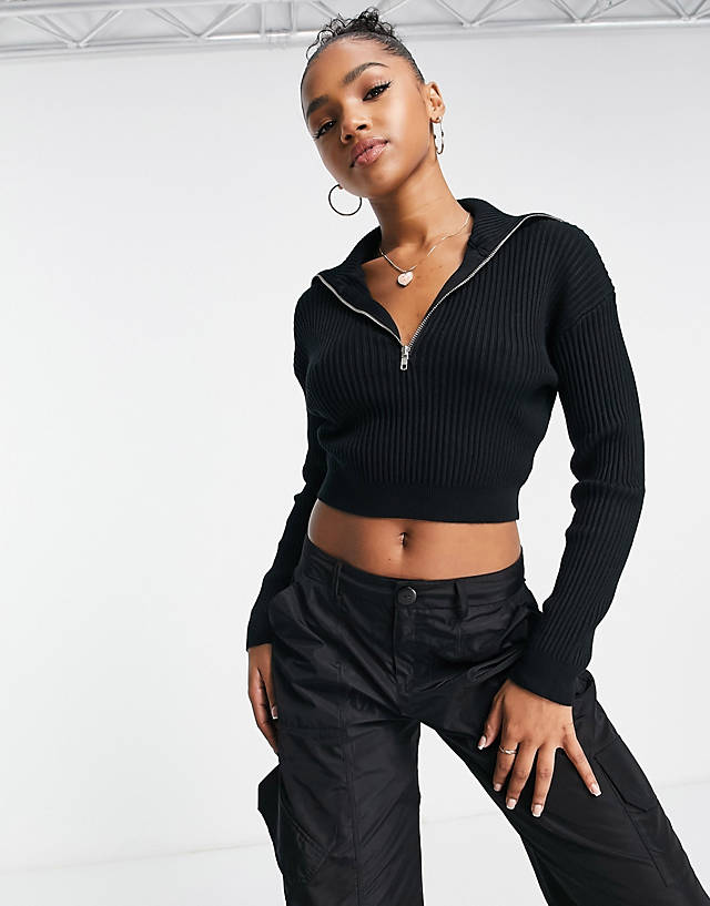 Cotton:On - cropped ribbed half zip jumper in black