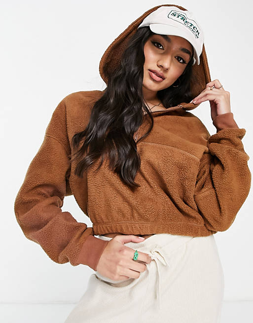  Cotton:On cropped teddy fleece hoodie in brown 