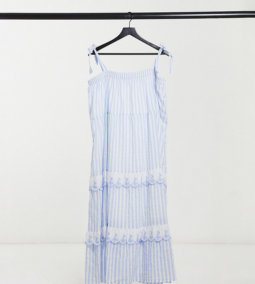 Cotton:On Curve – Blau gestreiftes Kleid mit Rüschensaum und Schnürung
