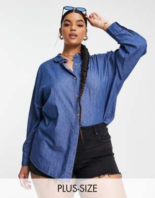 Cotton:On Curve chambray shirt with big collar in blue