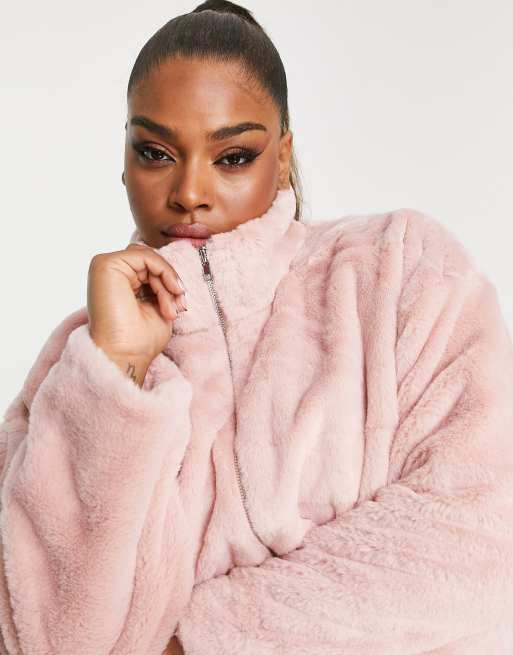 Pink fluffy cropped jacket best sale