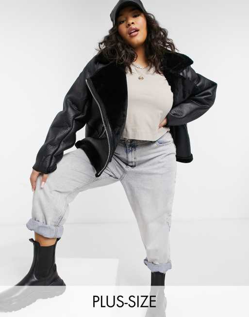 CottonOn Curve faux leather biker jacket in black ASOS