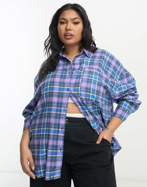 Cotton:On Curve oversized check shirt in blue | ASOS