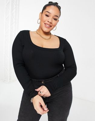 Cotton:On Curve rib scoop neck long sleeve top in black