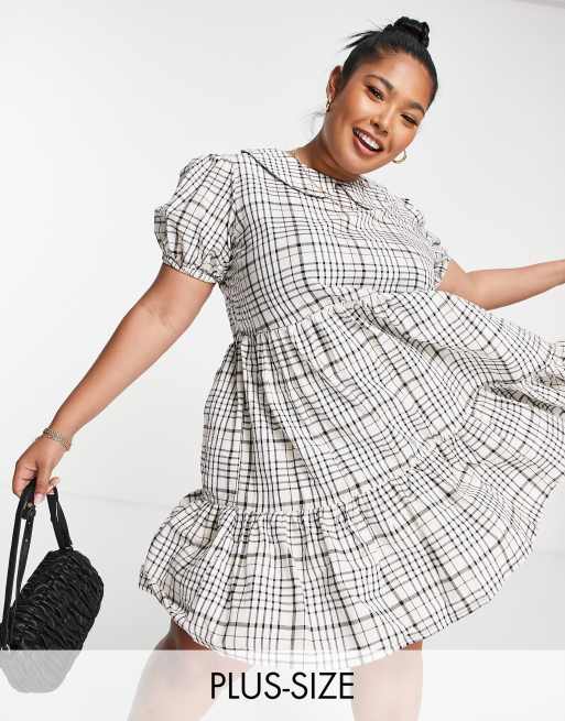 Cotton:On Curve smock dress with oversized collar in black check