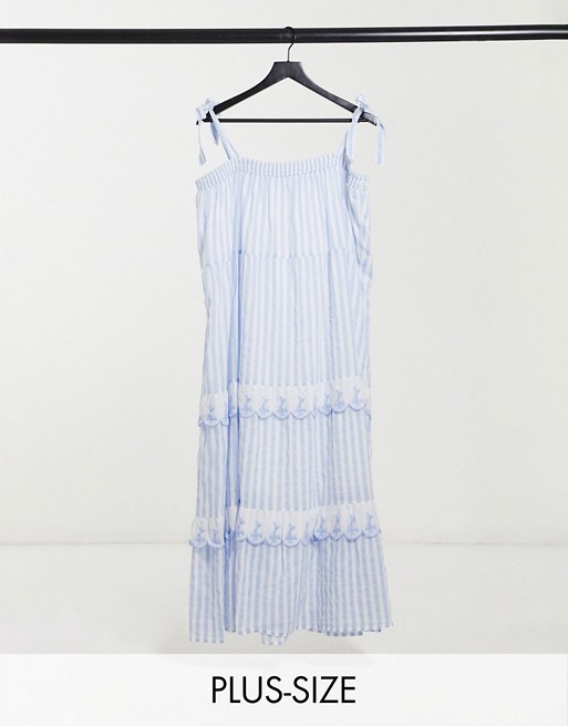 Cotton:On Curve tie strap ruffle dress in blue stripe