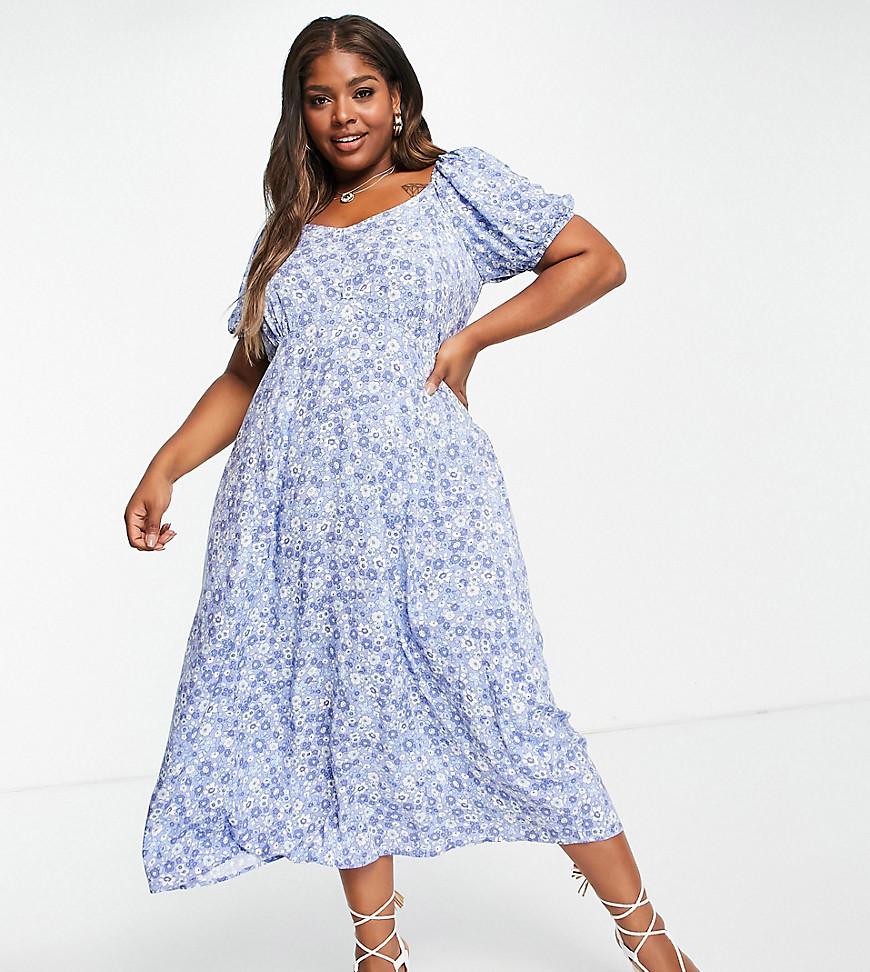Cotton: On Curve wrap midi dress in ditsy floral blue-Blues