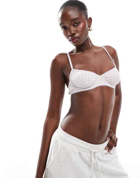 Cotton:On Dottie woven underwire bra in lavender/yellow check - view 1