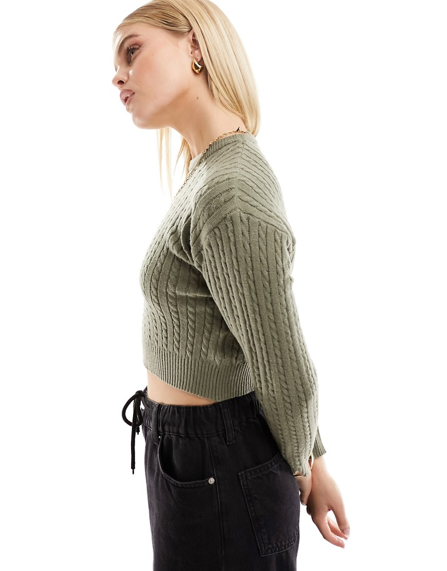Cotton:On Everfine Cable Crew Neck Pullover jumper in khaki-Green