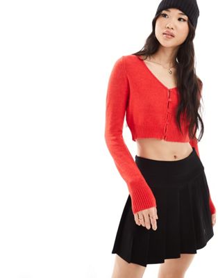 Cotton:On Everfine Crop V Neck Button Cardigan in red - ASOS Price Checker