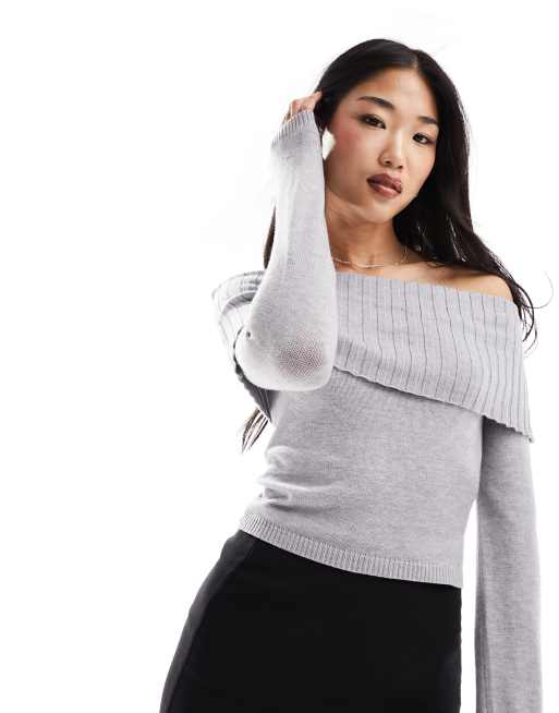 Cotton On Everfine Off The Shoulder Pullover jumper in grey