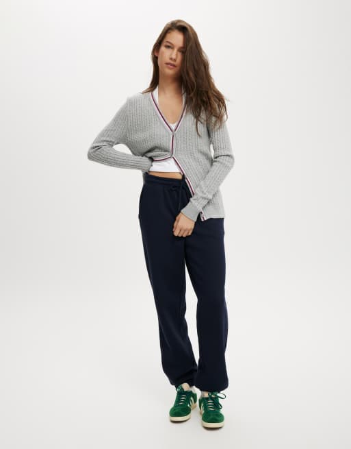 Cotton:On Everfine preppy v neck cable cardigan in grey marle