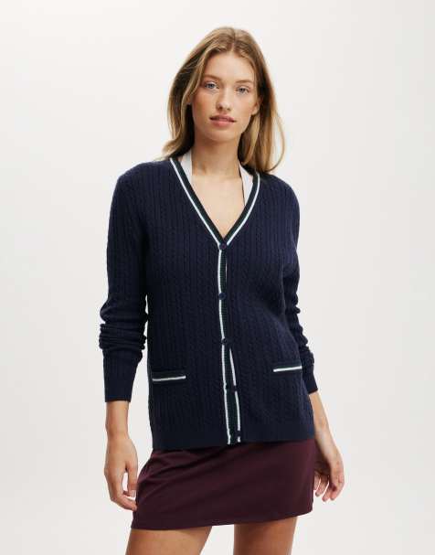 Cotton:On Everfine preppy v neck cable cardigan in total eclipse - view 1