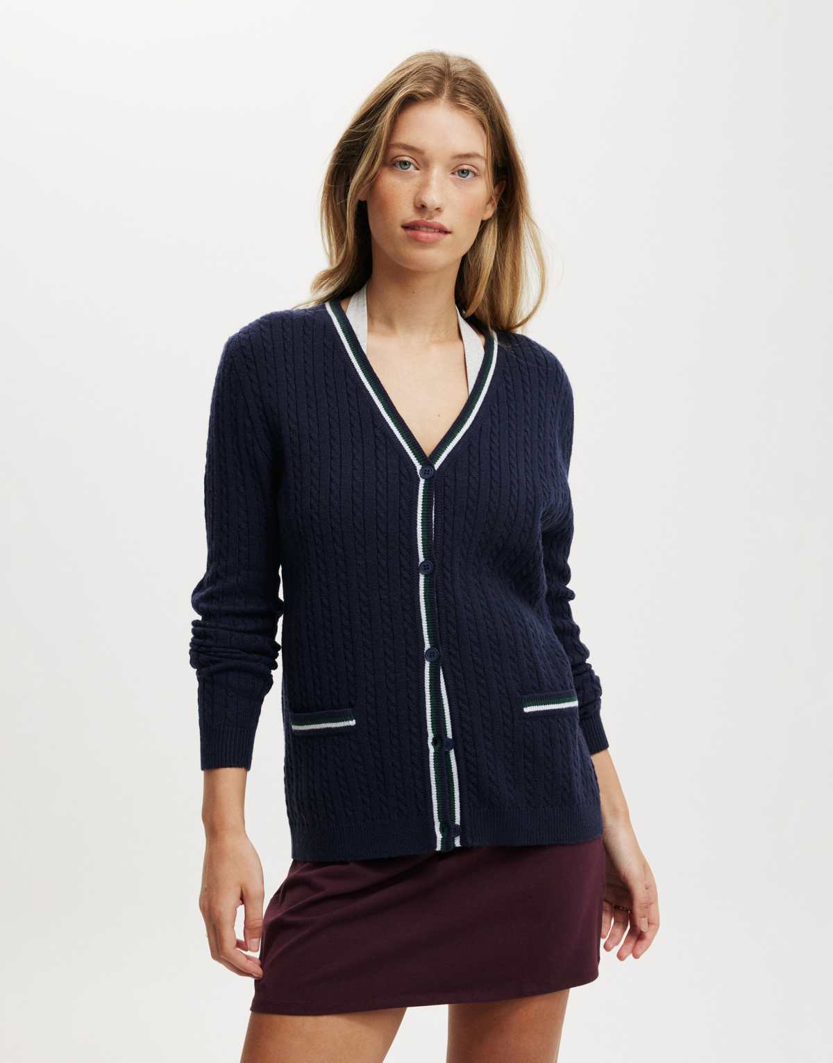 Cotton:On Everfine preppy v neck cable cardigan in total eclipse