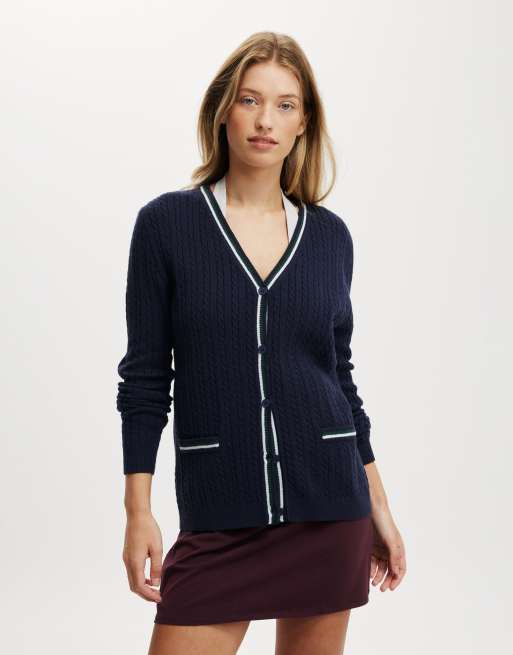 Cotton:On Everfine preppy v neck cable cardigan in total eclipse