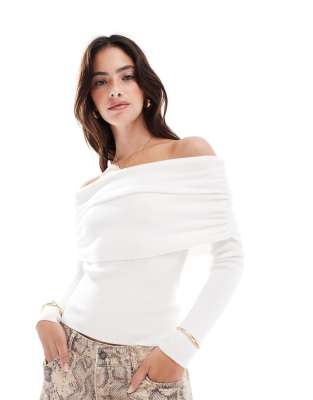 Shop Cotton:On Everfine rib ruched off shoulder in white Online – Trendy & Affordable Fashion