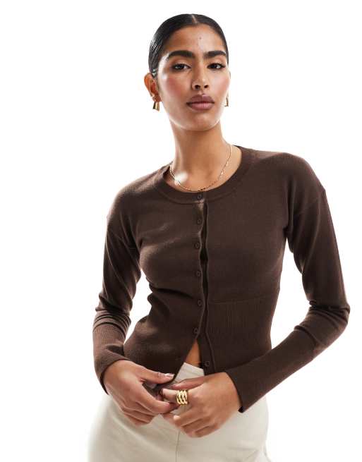 Cotton On Everfine round neck cardigan in brown ASOS