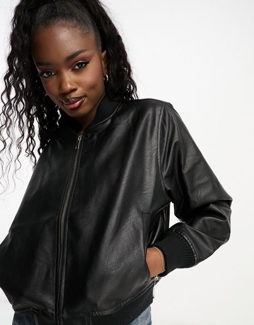 Womens Casual Designer Slim Fit Black Leather Bomber Jacket